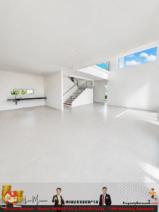 Bright, empty modern living area with white walls, large windows, and a staircase with glass railing on the left-to-center.