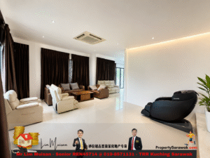 Bright showroom living room with white glossy floor, dark brown curtains, cream and brown seating, wooden coffee table, and a row of black massage chairs; plant in the corner.