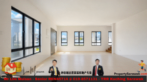 Bright empty living room with large black-framed windows and tiled floor; bottom real estate ad banner visible with logos and people images.