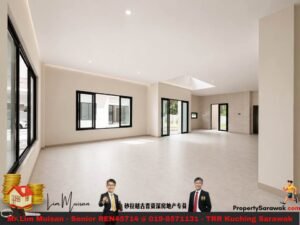 Bright, empty living space with beige walls, white ceiling, and large black-framed windows and glass doors letting in daylight.