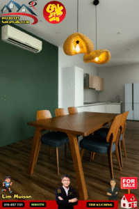 Modern dining area with a wooden table and six chairs under woven pendant lights; green accent wall and a kitchen in the background, plus marketing logos overlaying the image.