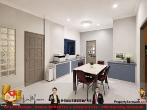 Modern kitchen/dining area with a marble-top table, six red chairs, blue base cabinets, and potted plants.