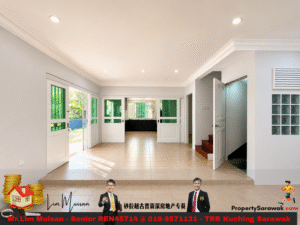 Bright tiled foyer with white doors opening to a kitchen at the far end; glass panels, right-side steps, and a promotional banner along the bottom overlaying the image.