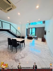 Open-plan living room with marble floor, a six-seat dining table, a glass-railed staircase, and a seating area by large windows/doors. casual daylight entry from the outside visible through curtains.