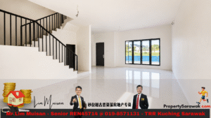 Empty modern living room with a black metal staircase on the left, white walls, and a large glass door opening to the outdoors.