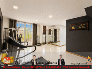 Bright home gym with treadmill and multi-gym stations near large windows and mirrors, modern white-tiled floor, and dark accent wall with framed artwork.