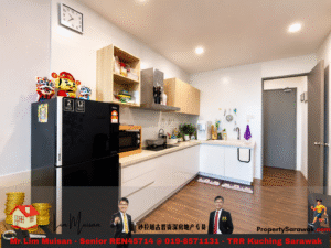 Modern, U-shaped kitchen with white cabinets, black fridge, wooden floor, open shelves, and small appliances; banner ad with two men and text at the bottom.