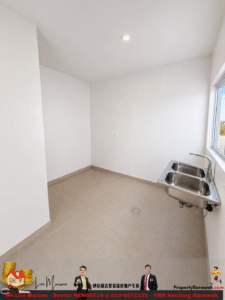 Bright, nearly empty utility room with white-tiled walls, beige floor, a stainless steel double sink by a window, and a ceiling light.