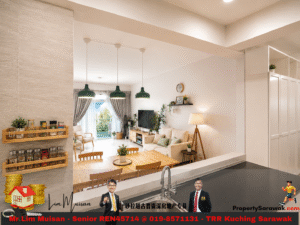 Bright open-plan living room with a beige sofa, wooden dining table, TV, and balcony visible through glass doors.