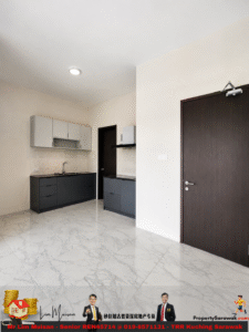 Modern kitchen with gray lower cabinets, light gray upper cabinets, beige backsplash, and a marble-tile floor.