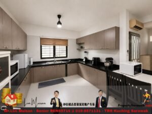 U-shaped kitchen with light brown cabinets, black countertops, and a window over a double sink.