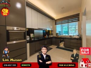 Modern kitchen with white upper cabinets and dark lower cabinets; real estate listing promo with agent images and contact info.