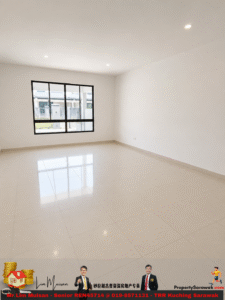 Bright empty living room with white walls, glossy tile floor, and a large black-framed window showing houses outside.