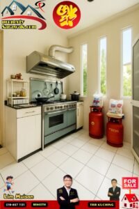 Bright kitchen featuring a large stainless steel range and hood, white cabinetry, tiled floor, and two red gas cylinders by the window, with property listing logos overlaying the scene.