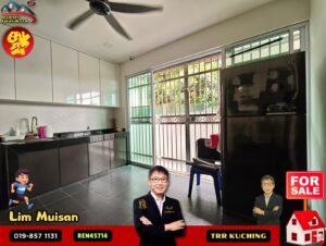 Modern kitchen with white upper cabinets, dark base cabinets, stainless sink, and a large glass door to a gated outdoor area; real estate for sale overlay.