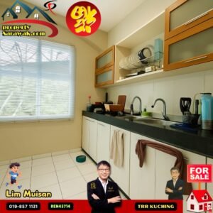 Bright kitchen with white cabinets and double sink, featuring promotional overlays for Lim Muisan and a 'FOR SALE' badge indicating a property listing.