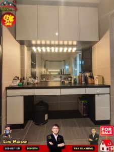 Modern bathroom vanity area with white cabinetry, large mirror, and bright bulb lights; cluttered countertop and a 'For Sale' ad overlay.