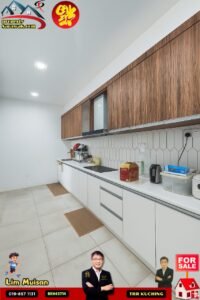 Modern L-shaped kitchen with white lower cabinets, woodgrain upper cabinets, and a hex tile backsplash along a long counter.