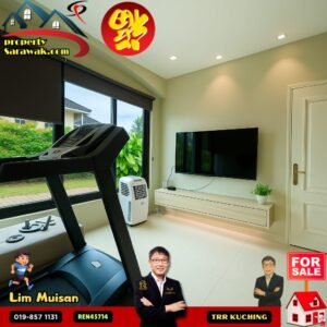 Bright living room with treadmill, wall TV, and low cabinet; sale ad overlays with agent photos and contact info.
