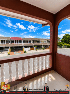 View from a covered balcony overlooking a row of two-story townhouses on a sunny day, with white balusters and maroon arches in the foreground and a blue sky above.
