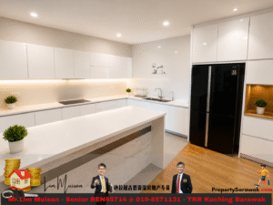 Modern white kitchen with glossy cabinets, white countertops, and a marble island with plants on the counter edge.
