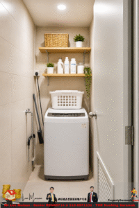 Compact laundry closet with a top shelf holding a wicker basket and a potted plant, and lower shelves with detergent bottles and a small plant behind the washer.