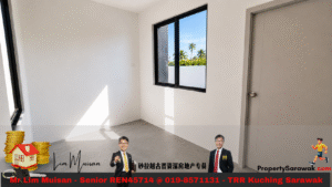 Empty white room with a large window showing palm trees outside; gray door on the right; sunlight casting geometric shadows on the floor, plus a bottom advertising banner for a real estate agent.
