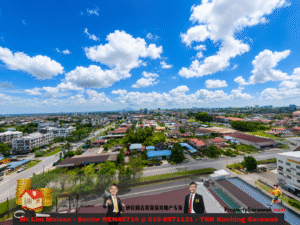 Aerial view of a sunny urban suburb with a bright blue sky; at the bottom is an advertisement banner showing two men in suits and a house icon.