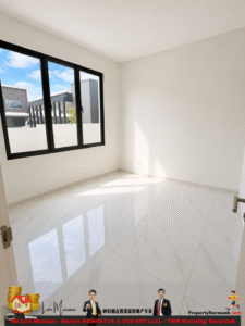 Bright empty room with a large black-framed window, white walls and glossy marble-like floor; sunlight casts a triangular pattern on the wall and shows neighboring buildings outside.