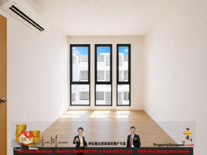 Bright, empty rectangular room with three tall vertical windows, light wood floor, white walls, and a wall-mounted air conditioner on the left; a promotional banner spans the bottom edge.