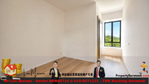 Empty beige-walled room with a wooden floor and a large window showing a green landscape outside.