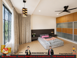 Modern bedroom with a low platform bed, dark headboard, gray bedding, and a pink bolster, flanked by dark nightstands and frosted-wood wardrobe doors on the right.