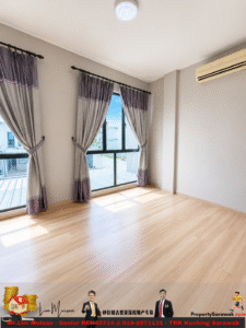 Bright empty room with large windows, purple-gray curtains, and a wall-mounted air conditioner on the right.