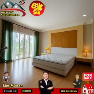 Hotel-style bedroom with a large bed, two nightstands, warm lamps, and glass doors with green curtains, in a property listing image.