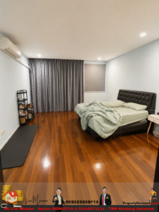 Modern bedroom with mint bedding, tufted dark headboard, and warm wooden floor under gray curtains.