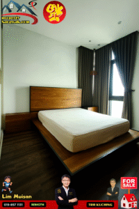 Modern bedroom with a low platform bed, wooden headboard, and dark wood floors; large window with heavy curtains.