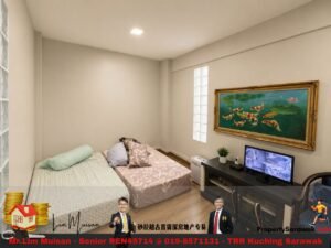 Beige bedroom with two beds (green and pink patterned sheets), a dark desk with monitor, potted plant, and a gold-framed koi pond painting on the wall.