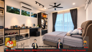 Modern bedroom showroom with a tufted brown bed, open wardrobe, and black shelving, plus a long dresser and vanity mirror under warm lighting.