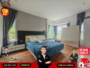 Bedroom with a king-size bed in blue bedding, folded linens on top, and a mattress propped upright by the window; includes a 'FOR SALE' graphic overlay.