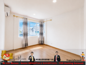 Bright empty room with hardwood floor, white walls, a large window with gray striped curtains, an AC unit on the left wall, and recessed ceiling lights.