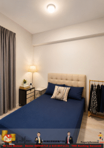 Bright bedroom with navy bed linens, beige tufted headboard, side table, lamp, and a clothing rack with jackets in the corner.