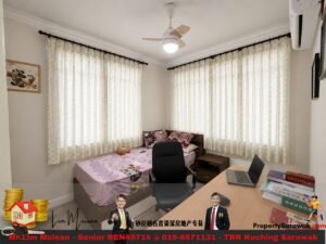 Corner bedroom with bed along two windows, pink bedsheet and pillows, nightstand, desk with laptop and books, cream patterned curtains, and a ceiling fan.