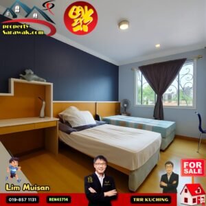 Hotel-style bedroom with two beds, blue accent wall, desk, and a window with brown curtains; promotional sale banners and agent photos overlaying the image.