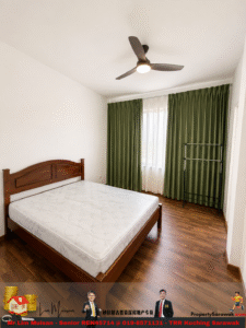 Bedroom with a wooden bed frame and mattress, green curtains over a window, and a ceiling fan.