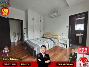 Bright bedroom with a white built-in wardrobe, striped bedspread, and beige headboard on a wooden floor; doorway to a tiled bathroom nearby. (For sale ad overlays present)