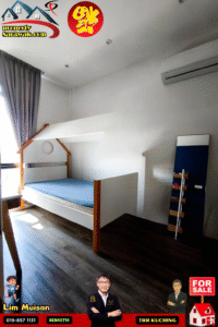 A children's bedroom with a white and wood-tone bed, blue mattress, and large window with gray curtains; a full-length mirror stands against the wall, and an air conditioner is mounted above.