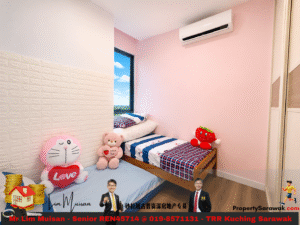 Pink children's bedroom with two single beds, stuffed animals, and a window view; air conditioner on the wall above.