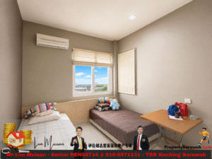 Cozy small bedroom with two single beds, beige walls, window with blinds, wall-mounted air conditioner, and a wooden desk with bags and stationery nearby.