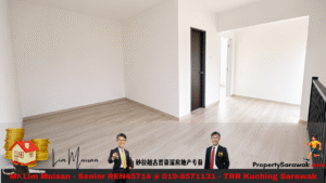 Empty white room with light wood floor, doorway on the right, and a railing; bottom contains a realtor promotional banner and images of agents.