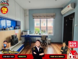 Bright home office scene with a large window, blue walls, white cabinets, and a desk by the window; an air conditioner on the wall and promotional sale graphics, including a 'FOR SALE' badge, overlaid on the image.